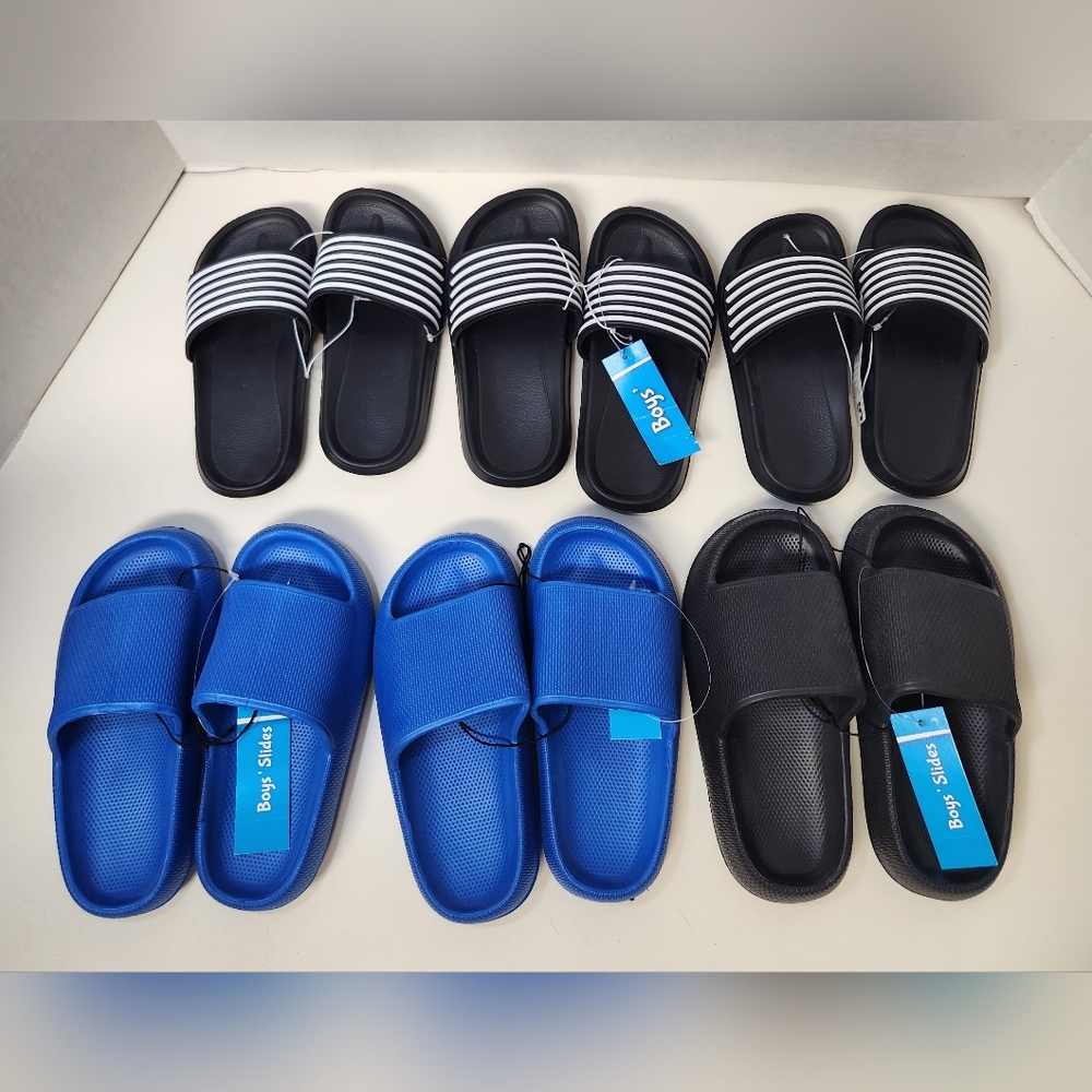 NWT Bundle Of 6 Boy's Black & Blue Slide Shoes Size Small 11/12